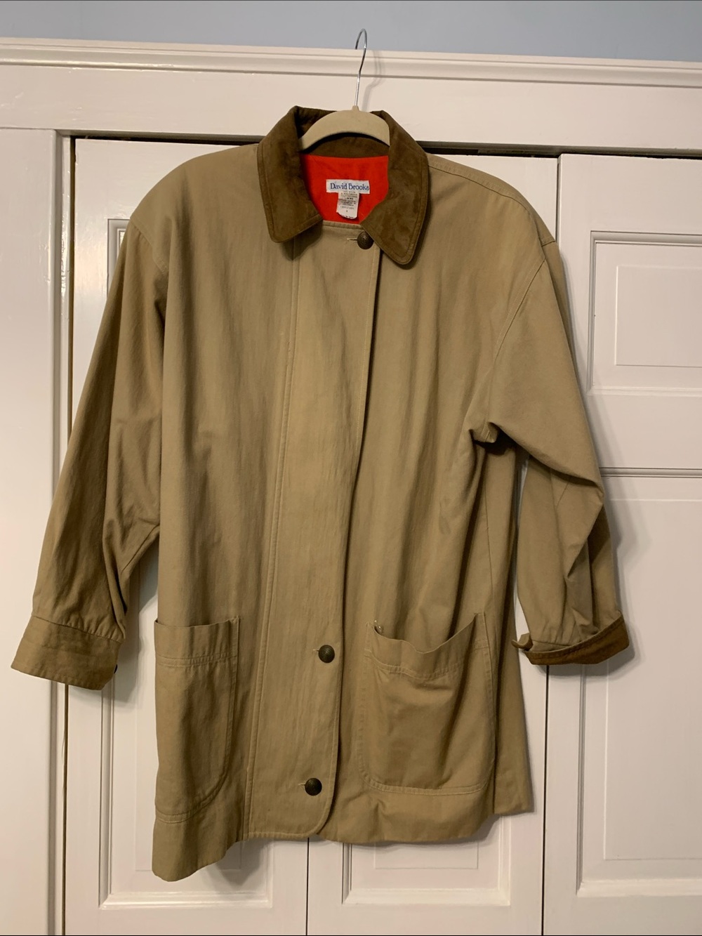 david brooks Khaki Trench Coat with Brown Suede Collar and cuffs. Size 8